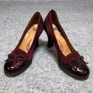 Sofft Burgundy Suede Patent Leather Bow Brogue Pumps Heels Size 7M